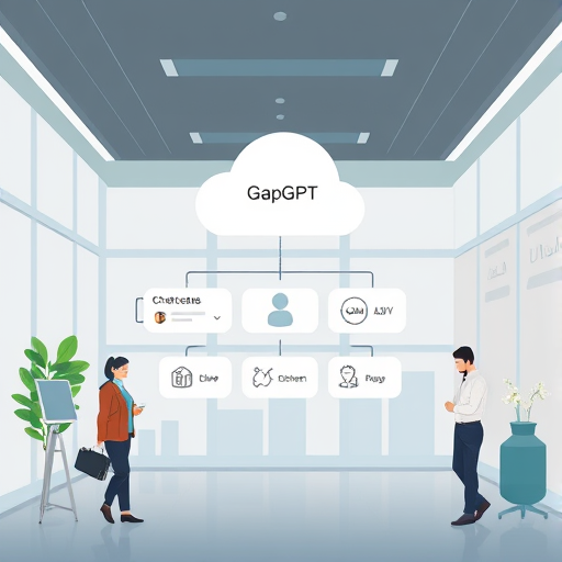 Persian-language chatbot architecture diagram animated, client app, GapGPT API cloud, chat flow with Farsi script icons, cartoon style, no text 