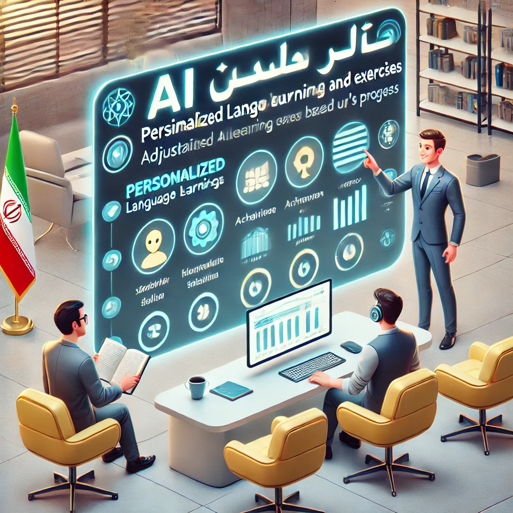 cartoon illustration of a personalized ai interface adjusting language learning goals and exercises based on user’