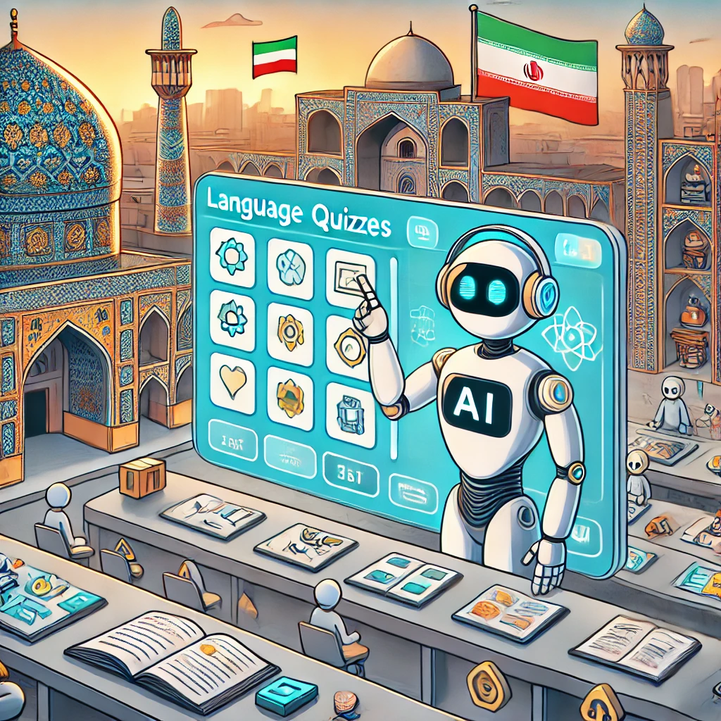 illustration of an animated AI robot generating language quizzes and grammar exercises for users, interactive digital test interface, engaging cartoon style, text-free