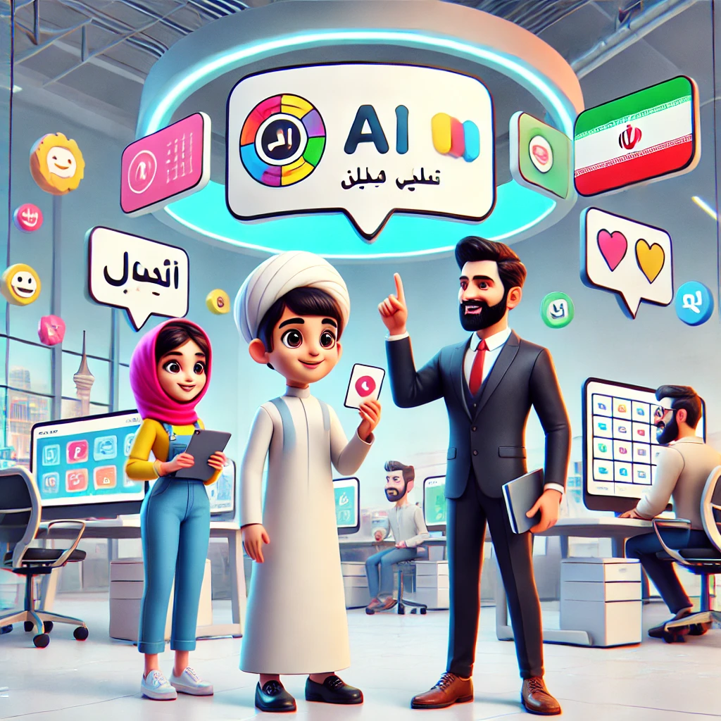 fun and colorful cartoon illustration of an AI-powered language game with animated characters guessing words, digital cards and playful icons, no text