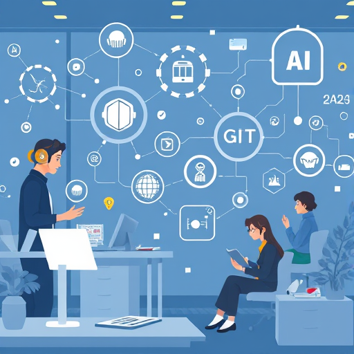 technology-themed illustration with multiple AI model icons (GPT-4, Claude, Gemini), flowing data streams and student avatars studying, vibrant colors, text-free
