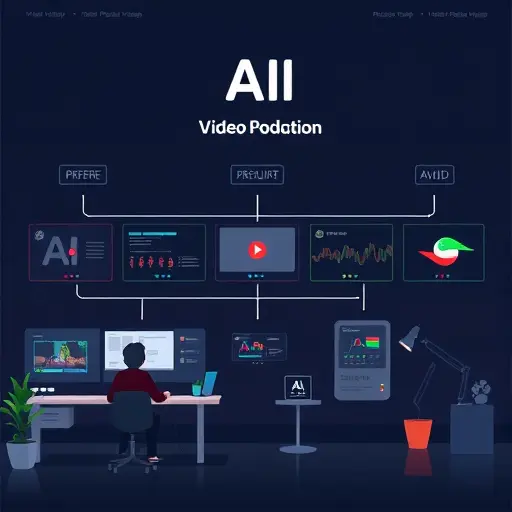 animated illustration of an AI video production pipeline, showing text-to-