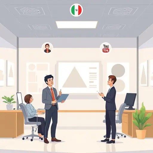 cartoon-style scene of an AI tool auto-generating social media ad variants (square, vertical, 16:9)