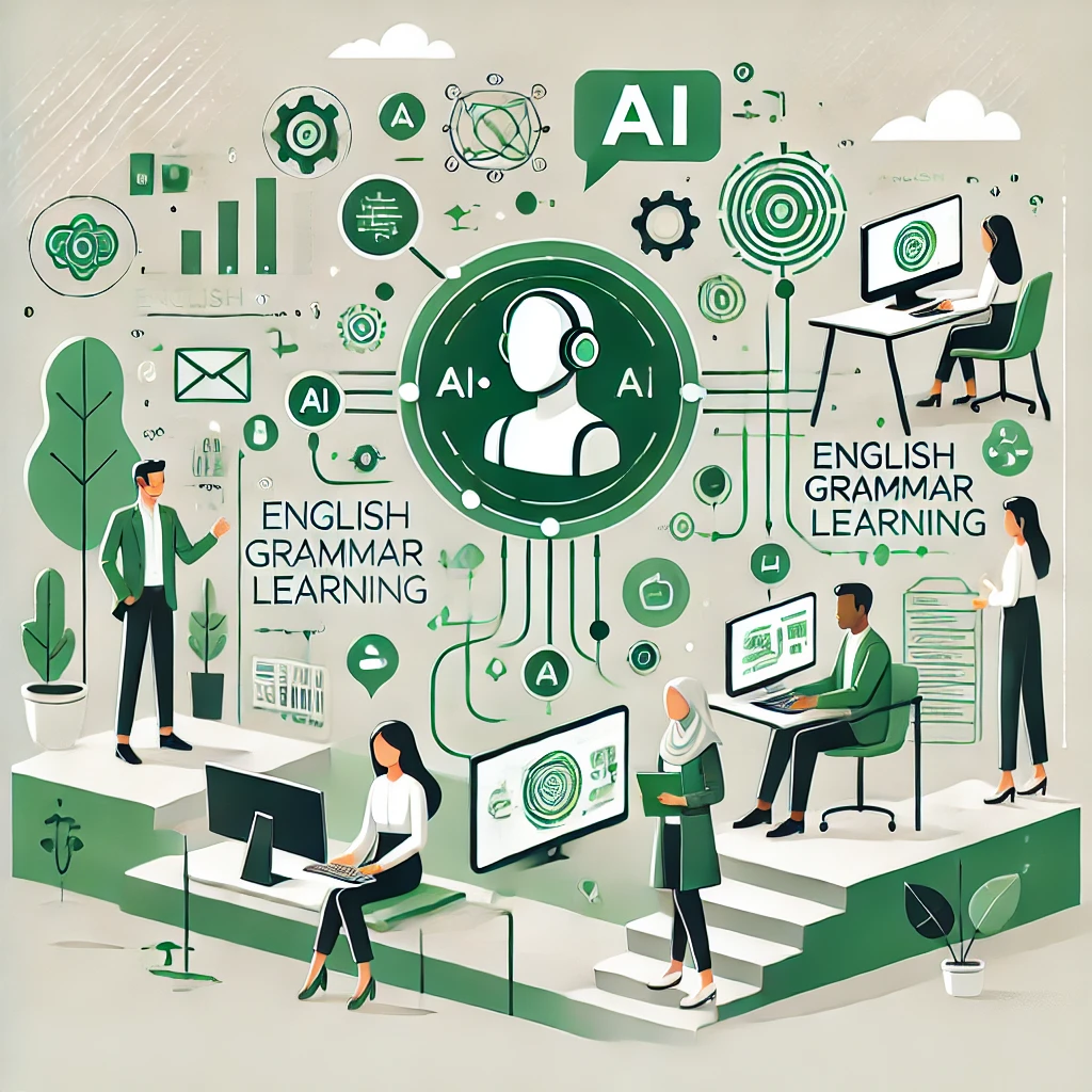step-by-step animated flowchart of using AI for English grammar learning, technology-themed, card design, green accent, no text