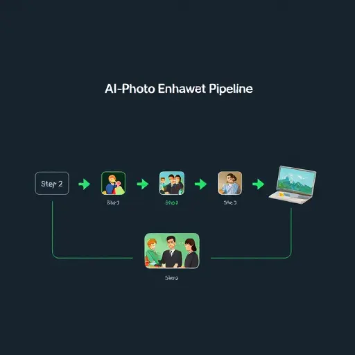 flow diagram illustration of an AI photo enhancement pipeline: step 1 denoise (noise icon), step 2 super-resolution (magnify icon), step 3 color correction (palette icon);