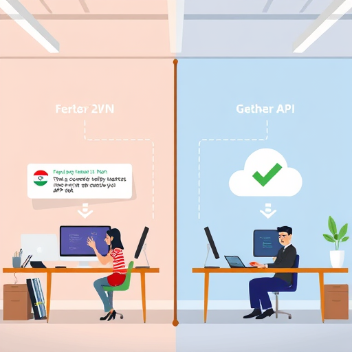cartoon style API integration diagram, one side showing code connecting via VPN/proxy to error icons, the other side code connecting directly to GapGPT API cloud with green checkmark, Iranian color accents, text-free