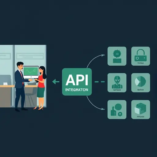 diagram-style illustration of API integration pipeline: website/app on left, secure API gateway in middle, multiple AI models on right; dark theme, green highlights, minimal, text-free
