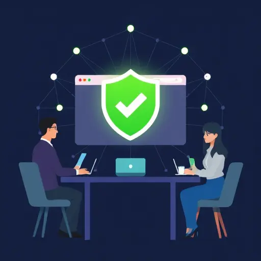 abstract AI concept art: secure shield, green checkmark, and neural network nodes around a browser window labeled as a generic AI platform (no text)