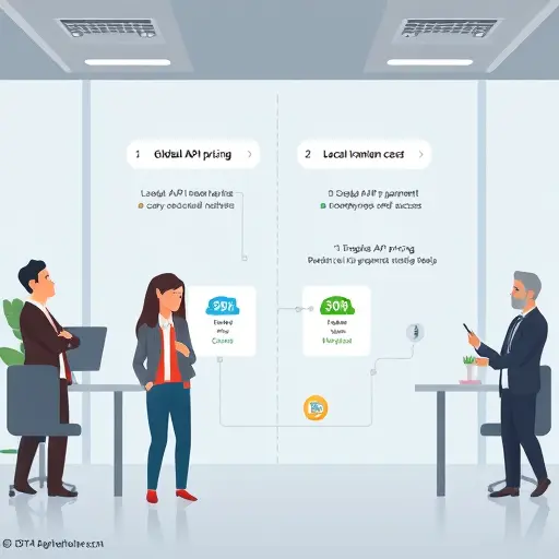 cartoon infographic comparing global API pricing (USD, credit card, subscription) with local Iranian API payment (Rial, easy payment, sanction-proof access)