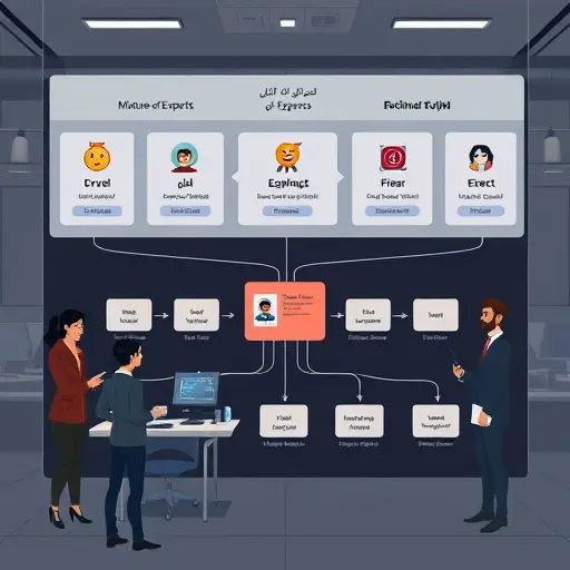 diagram-style illustration of a Mixture-of-Experts transformer architecture, multiple expert blocks gated per token, long-