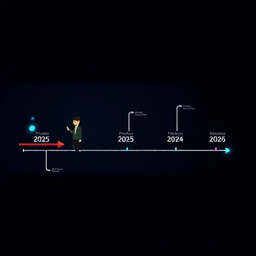 animated dark-themed illustration of a product timeline roadmap with milestones labeled as preview 2025