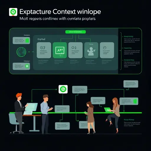 diagram-style illustration of mixture-of-experts architecture, token routing to different experts, large context window metaphor (long scroll/timeline), clean animated infographic, dark background, green highlights, text-free