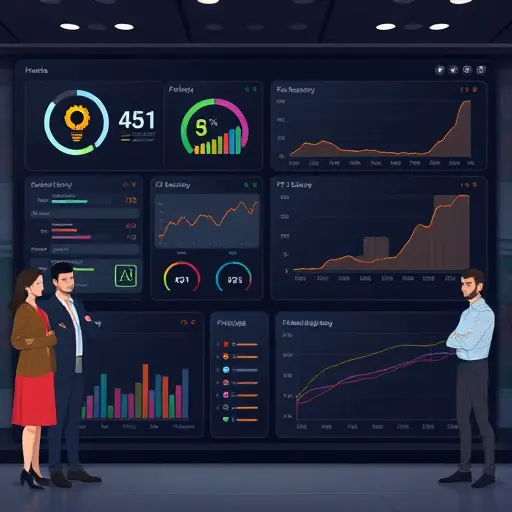animated illustration of AI model evaluation dashboard, charts for accuracy, recall, F1