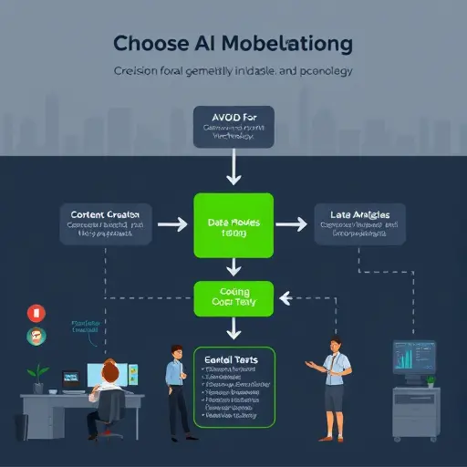 decision flow illustration for choosing AI models, branches for content creation, data analysis, and coding, dark UI, green highlight, clean infographic style, text-free