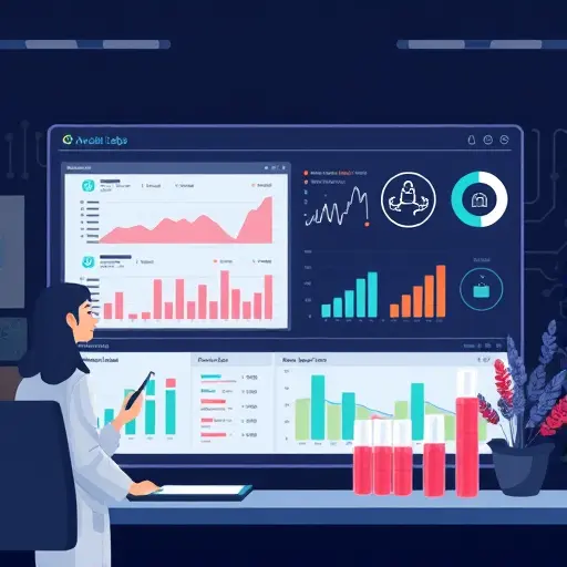 animated illustration of an AI system analyzing medical lab charts on a dark UI, with icons for blood test, glucose, hormones;