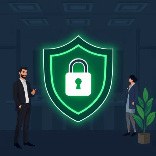 abstract shield and lock around an AI chatbot icon, compliance checklist clipboard, dark theme, green accents matching #94d3a2