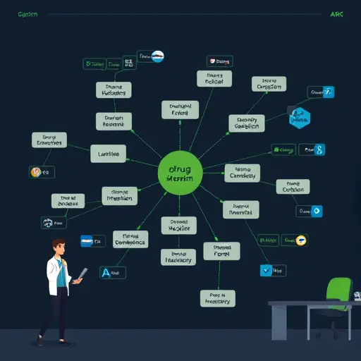 illustration of a medical knowledge graph linking drug names to dosage, form, frequency, and interactions; confidence scores displayed on nodes;; text-free