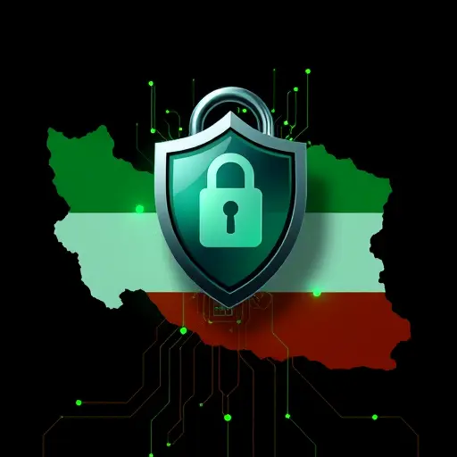 abstract illustration of data privacy in healthcare: shield and lock over an Iranian map silhouette, secure servers, encrypted connections; dark theme, green accent;