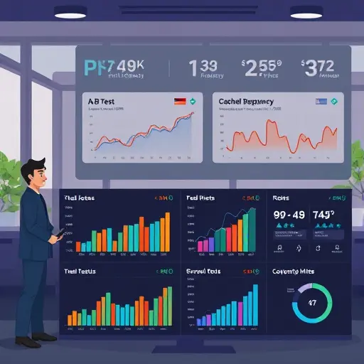 clean animated dashboard showing A/B test results, latency charts, and cached response hits;