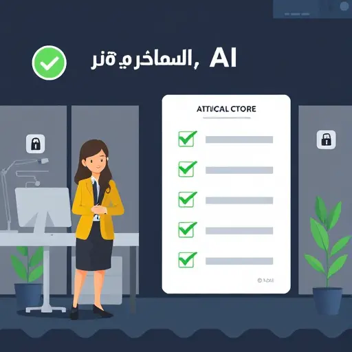 modern illustration of ethical AI checklist, tick marks, lock and shield icons, dark background, green accent, minimal, no text