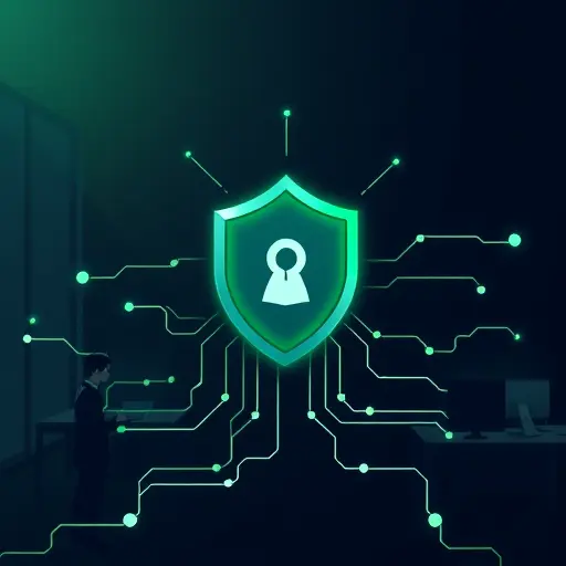 animated illustration of a privacy shield protecting flowing data streams, dark theme (#171717) with soft green accents (#94d3a2)