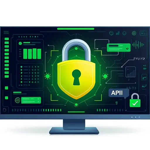 cartoon-style lock and shield protecting medical lab data on a dark tech interface; encrypted files, secure API icons; green #94d3a2 accents;