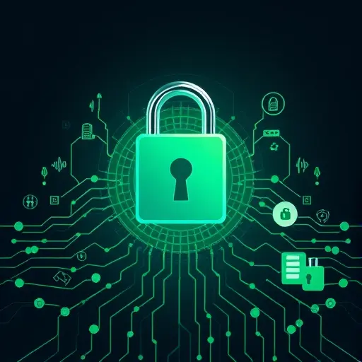 abstract medical data security illustration, padlock over neural network and medical database icons (ECG, lab test tubes, MRI)