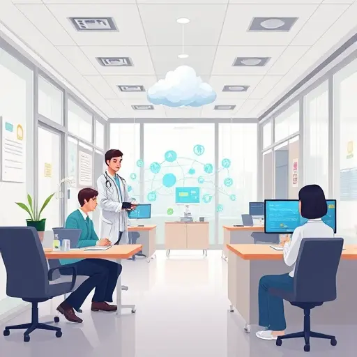 federated learning in healthcare illustration, hospitals connected to central AI cloud via secure channels, privacy-