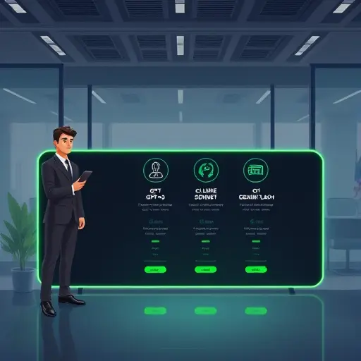 illustration of a model comparison panel highlighting GPT-4o, Claude Sonnet, Gemini Flash, and o1, sleek dark UI, glowing green accents, text-free