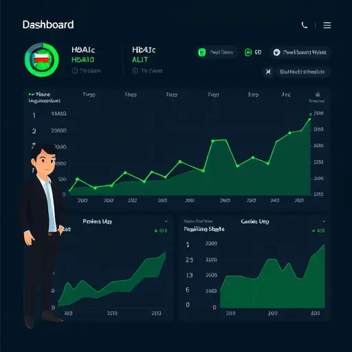 dashboard illustration showing time-series charts for lab markers (HbA1c, LDL, ALT) with trend lines, dark theme, green highlights, clean medical tech style, text-free