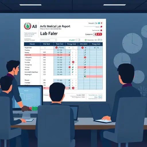 animated illustration of AI parsing a scanned medical lab report, recognizing tables and columns, mapping units and reference ranges, highlighting correlations (e.g., HbA1c vs fasting glucose)