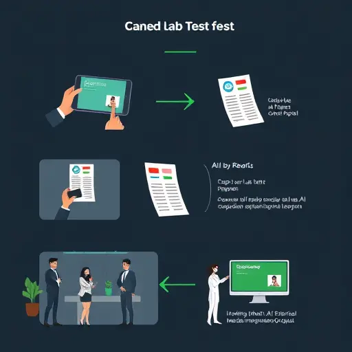 step-by-step animated infographic showing: capturing a lab test paper with a smartphone, uploading to an AI platform, OCR extraction, and medical interpretation output; dark theme with green accents;; text-free