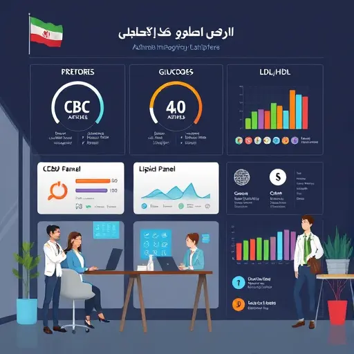 animated infographic illustrating CBC, glucose, and lipid panel analysis, icons for WBC, HbA1c, LDL/