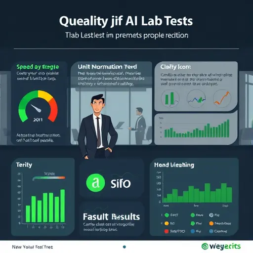 animated infographic showing AI benefits for lab test interpretation: speed gauge, clarity icon, unit normalization, trend graph, and flags for abnormal results;