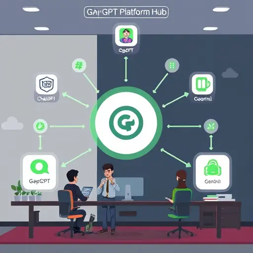 cartoon-style illustration of GapGPT platform hub connecting to ChatGPT, Claude, and Gemini icons;