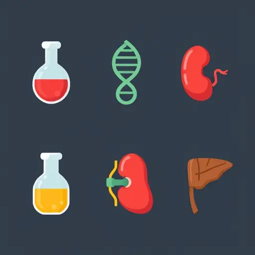 flat icon set of lab test categories: blood drop, hormone flask, DNA helix, kidney and liver icons, clean infographic style, dark theme, text-free