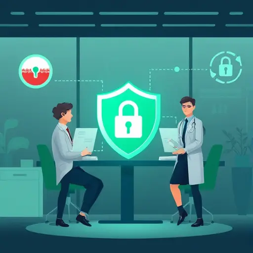privacy and data security illustration for medical AI: shield, lock, encrypted connection icons, anonymized lab report visuals;
