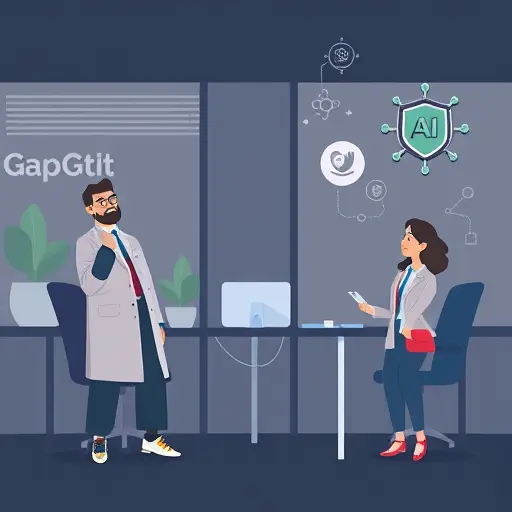 clean CTA banner illustration with a link button to GapGPT, abstract medical icons (lab tubes, shield, AI chip), dark background #171717 with #94d3a2