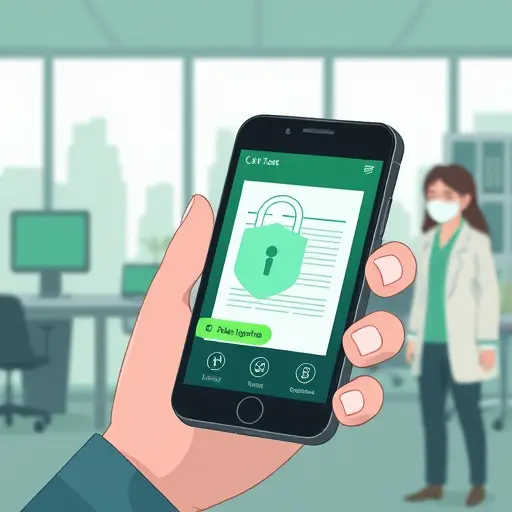 illustration of a smartphone scanning a medical lab report with a lock shield overlay, end-to-end encryption icons (TLS)(greens)