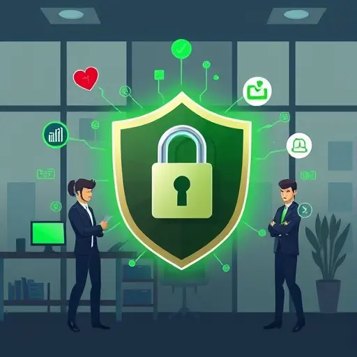 illustration of a secure shield and padlock protecting medical data icons (lab tube, heart, glucose)