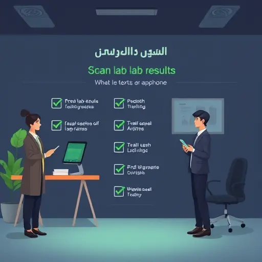 animated checklist illustration showing best practices for scanning lab results with a smartphone, good lighting, proper framing, dark theme, green accents, text-free