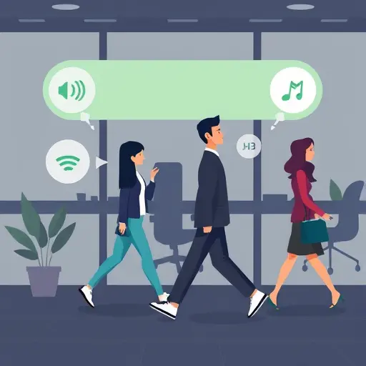 animated walking meditation guide with footstep icons, breathing waves, and ear icons for mindful hearing, clean UI, dark background, soft green accents, text-free