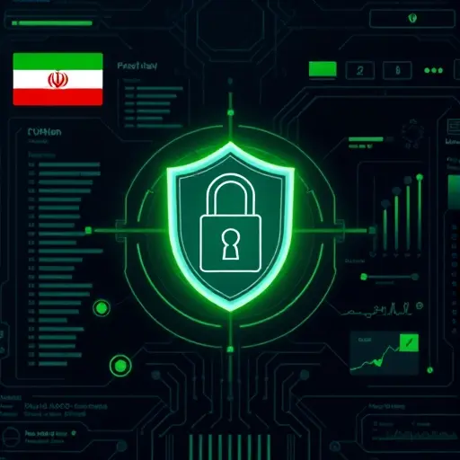 illustrated cybersecurity shield and lock protecting medical lab data on a dark Iranian-themed tech UI, green accent (#94d3a2)