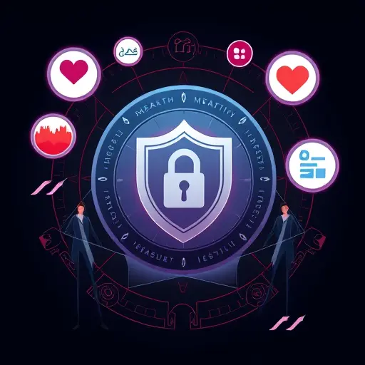 illustration of a secure data vault with shield and lock icons surrounding health metrics (heart rate, calories, sleep)