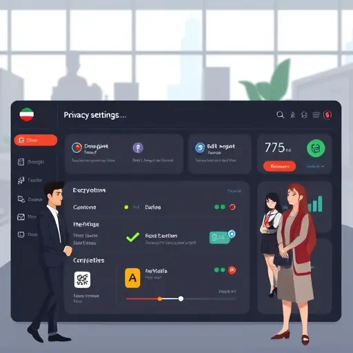 animated privacy settings dashboard with toggles for encryption, data export/delete, and app PIN/biometrics, clean UI, dark theme, no text