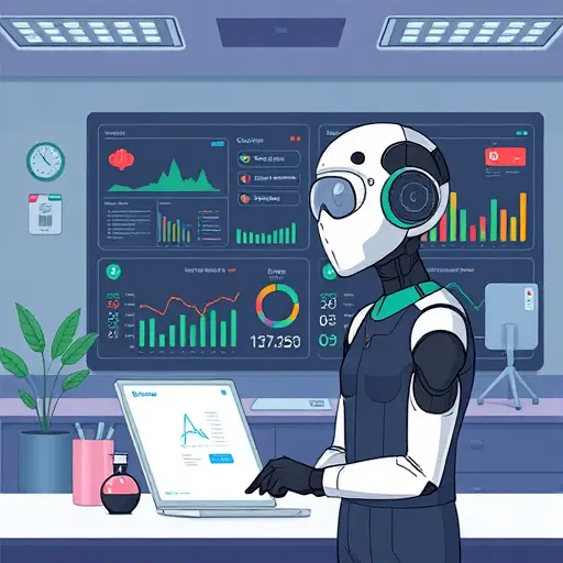 cartoon-style illustration of an AI assistant analyzing medical lab results (CBC, glucose, lipid)