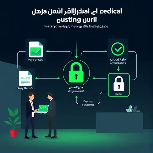 abstract data anonymization flow for medical records, icons of files, lock, and AI model, dark UI, green highlights, clean infographic style, no text