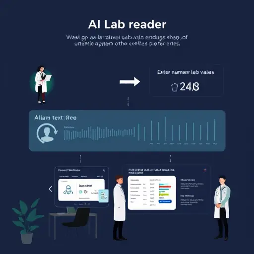 step-by-step animated illustration showing an AI lab reader workflow: redact personal info, enter numeric lab values (CBC, lipid panel, vitamin D), receive interpretations;