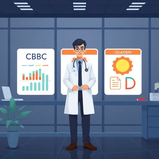 clean illustration of three lab panels: CBC with hematology icons, lipid profile with cholesterol symbols, vitamin D with sun and capsule icons;