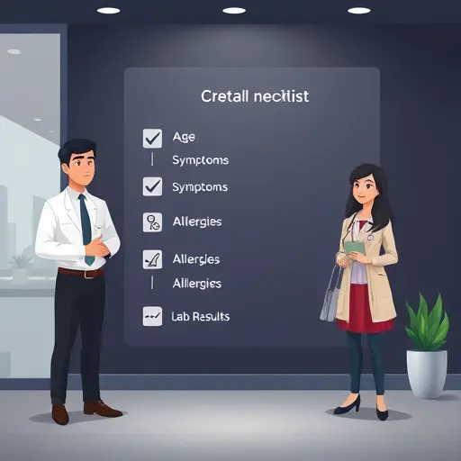 animated checklist illustration showing icons for age, symptoms timeline, medications, allergies, and lab results ranges;